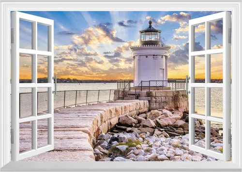 Miniatura 16 de FLFK Adhesivo de pared con ventana falsa - Mural de pared con ventana falsa de atardecer en la playa para decoración de pared, adhesivos de pared