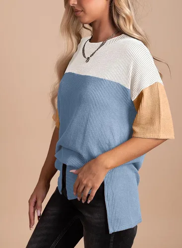 Miniatura 3 de EVALESS Camisetas de verano de manga corta con cuello redondo para mujer, bloque de color, ligeras