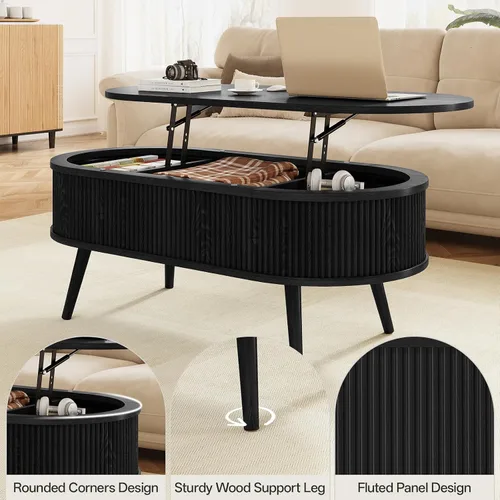 Miniatura 3 de Mesa auxiliar ovalada con almacenamiento, moderna mesa de centro acanalada con parte superior elevadora, mesas de centro pequeñas con Negro