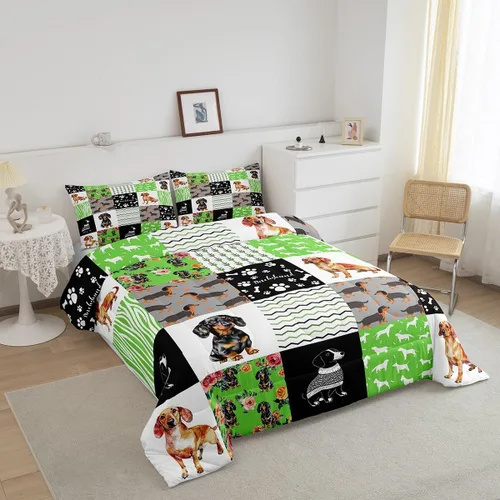 Miniatura 3 de Erosebridal Bonito juego de edredón de perro salchicha para niños y niñas, juego de ropa de cama de perros verdes coloridos para regalo para amantes