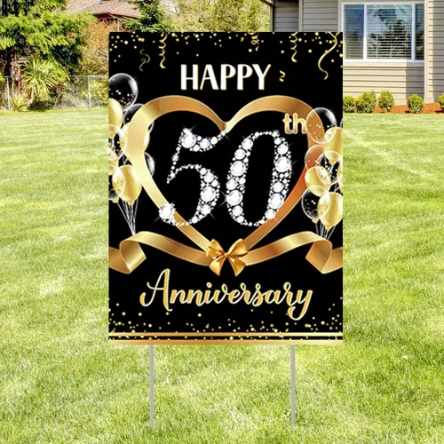 Letrero de 50 aniversario para patio, decoración al aire libre, dorado, 50 aniversario de boda, letrero de césped con estacas para suministros de