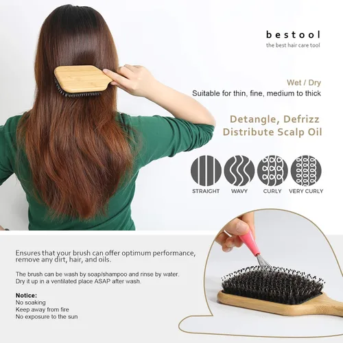 Miniatura 4 de BESTOOL Cepillo de pelo de jabalí y cerdas de nailon para todos (mujeres, hombres, niños) para cabello húmedo y seco, masaje desenredante, mejora