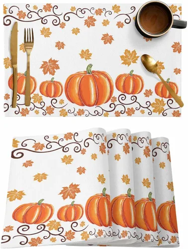 Miniatura 108 de Juego de 4 manteles individuales Boho de otoño, calabazas de acuarela para Acción de Gracias, resistentes al calor, lavables, para mesa, manteles