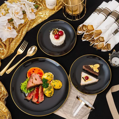 Miniatura 9 de KIRE 60 platos de plástico negro, platos desechables negros con borde dorado para fiesta de Halloween/graduación, incluye 30 unidades de 10.25