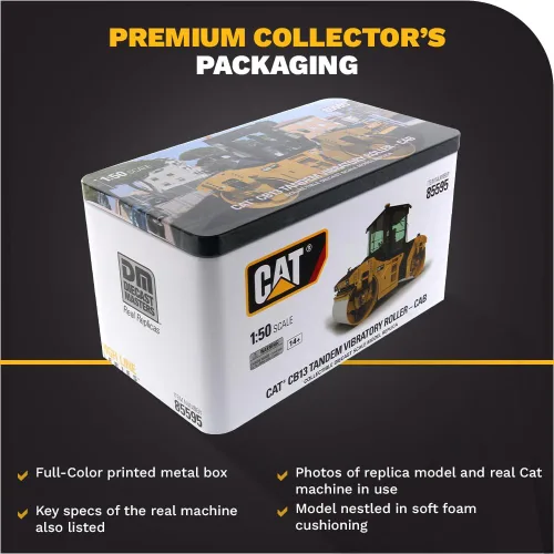 Miniatura 6 de Diecast Masters Compactador vibratorio Caterpillar CB-13 a escala 1:50 con cabina cerrada Camiones Cat Series High Line y equipos de construcción