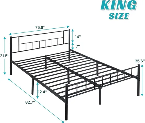 Miniatura 2 de Dkelincs Base de cama tamaño King con cabecero y tabla de pie, marco de cama de plataforma de metal de acero resistente, almacenamiento reservado