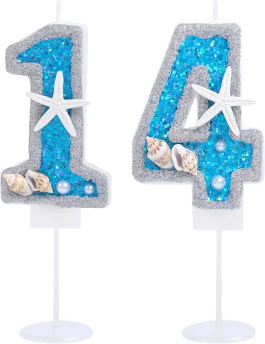 Miniatura 19 de Vela de cumpleaños número 0 3D número 0 para decoración de pastel para niños y niñas, niños pequeños bajo el océano, tema azul mar, fiesta