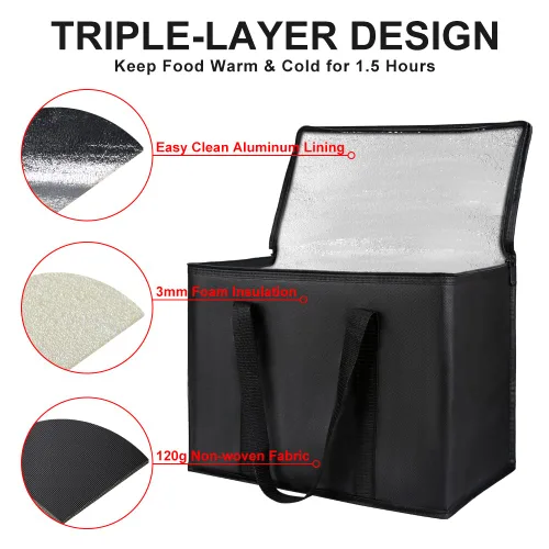 Miniatura 4 de Bolsas de comestibles reutilizables aisladas, 16 pulgadas de ancho x 13 pulgadas de alto x 9 pulgadas de profundidad, bolsa de mano XL para Negro