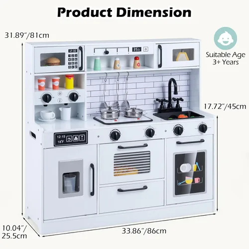 Miniatura 5 de INFANS Juego de cocina para niños, cocina de madera con sonido ligero realista, juguete de cocina para niños y niñas mayores de 3 años (blanco)