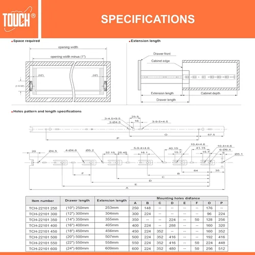 Miniatura 5 de TOUCH Diapositivas para cajones (6 pares, 12 pulgadas, 11.811 in) de extensión completa, rodamiento de bolas de montaje lateral, 3 pliegues, rieles