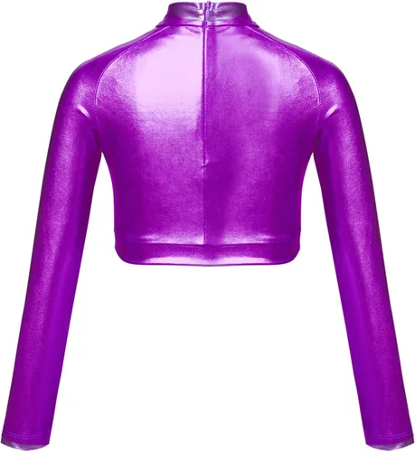 Miniatura 2 de Lorilida Camiseta corta de manga larga metálica para niñas y niñas, cuello alto, con brillantina, leotardo de ballet para gimnasia, rendimiento
