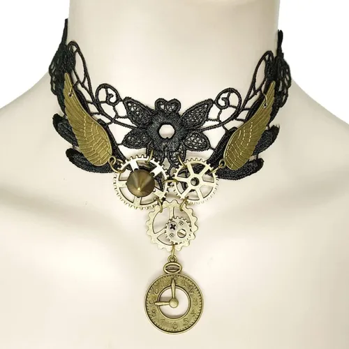Miniatura 6 de Generic Gargantilla de encaje gótico, aretes vintage, collar steampunk, gargantilla de engranaje, accesorios de disfraz para mujeres y niñas, 3