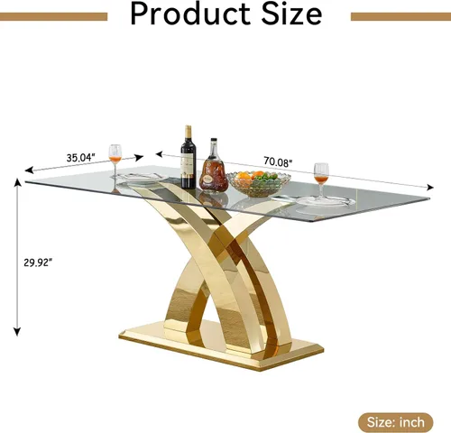 Miniatura 8 de Mesa de comedor de cristal para 6-8 personas, mesa rectangular de comedor de cocina de 70 pulgadas con tapa de vidrio templado y base de acero