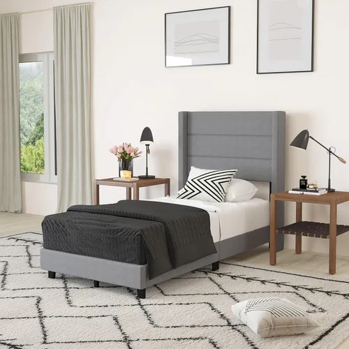 Miniatura 14 de Merrick Lane Percy - Cama de plataforma moderna, lino sintético beige, tamaño Queen, cabecero acolchado con respaldo con alas cosidas de canal