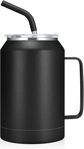 zenbo - Vaso de acero inoxidable aislado al vacío con asa, tapa y popote, mantiene las bebidas frías hasta 36 horas, cuerpo a prueba de sudor, apto