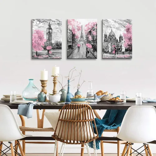 Miniatura 8 de Lienzo de pared en blanco y negro para sala de estar, dormitorio, baño, niñas, rosa, temática de París, decoración de habitación, impresión de Rosa