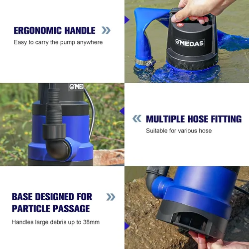 Miniatura 7 de MEDAS 1HP 3434 GPH Bomba de Sumidero Sumergible Bomba de Agua Limpia/Sucia Bomba Utilitaria Portátil con Cable de 16.4 pies para Piscina Jardín