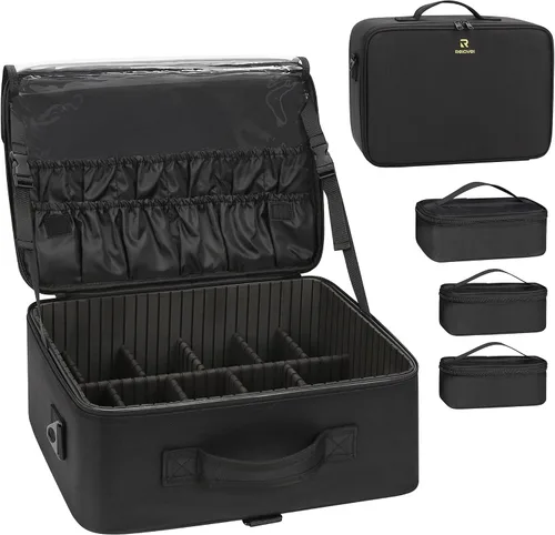 Miniatura 13 de Organizador profesional de cosméticos Travelmall, estuche de formación, de 3 capas, multifunción, en negro, caja artística para cosméticos, cepillos
