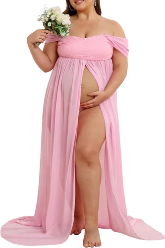 Miniatura 3 de Vestido de maternidad para sesión de fotos con hombros descubiertos, vestido de gasa con abertura frontal, maxi vestidos de embarazo para fotografía