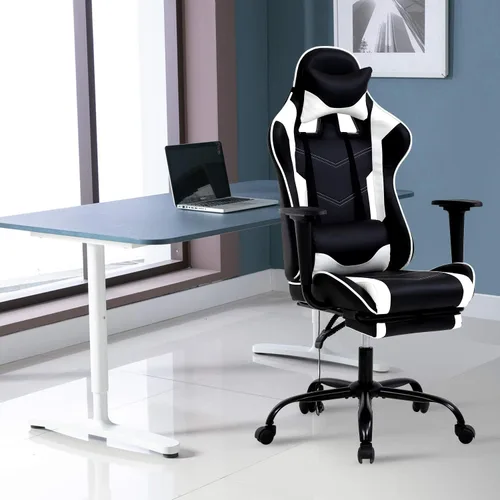 Miniatura 2 de HCY Silla ergonómica de respaldo alto, estilo carreras, con reposapiés, reposacabezas y soporte lumbar, altura ajustable, silla de oficina de piel