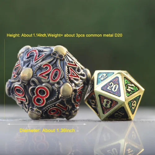Miniatura 2 de Dados de metal D20 con diseño intrincado de pulpo, acabado antiguo y números rojos para Call of Cthulhu, RPGs-DNDWoW BZQR