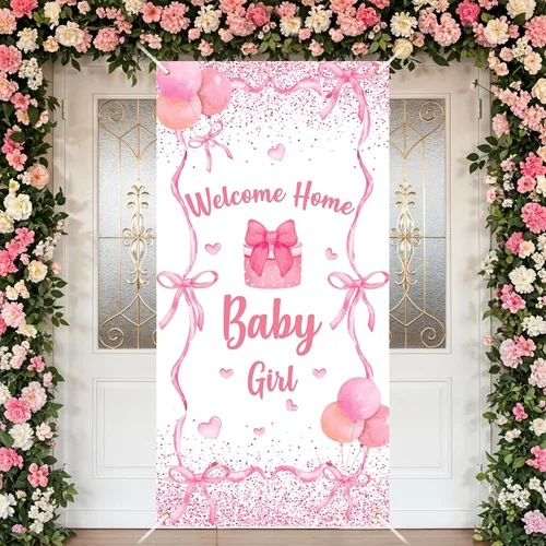Miniatura 8 de Cartel de puerta de cumpleaños con lazo rosa para decoración de fiesta de cumpleaños con lazo rosa, cubierta de puerta de cumpleaños, pancarta