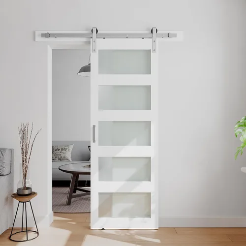 Miniatura 18 de Puerta corrediza de granero de vidrio de 5 paneles de 42 x 84 pulgadas con kit de herrajes de 7 pies incluido, fácil montaje con agujeros Blanco
