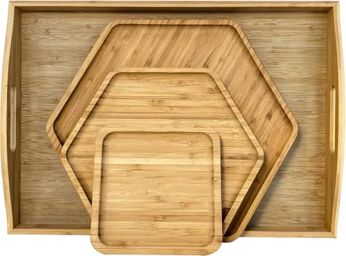 Miniatura 8 de Bandejas de bambú con tablas de cortar 16.5"x11.8" (42x30cm con asa, el set incluye platos de 0.63" (1.6cm) de grosor 1xHexágono 12.5" (32cm) +