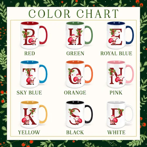 Miniatura 4 de Taza de café con inicial de Navidad con tema de Papá Noel, 11 o 15 onzas, 9 colores opcionales, tazas personalizadas para niños, niños y niñas, taza