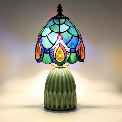 Miniatura 7 de Tiffany Stained Glass Mushroom Table Lamp 12.5 Inch -Blue Peacock Tiffany Lamp,6X6X12.5 Inch,Small Night Light,Ceramic Base, Mini Accent Light