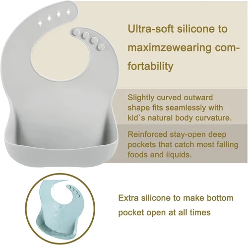 Miniatura 4 de PandaEar Paquete de 3 baberos de silicona para niños y niñas para bebés y niños pequeños, babero de alimentación impermeable con recogedor de Azul