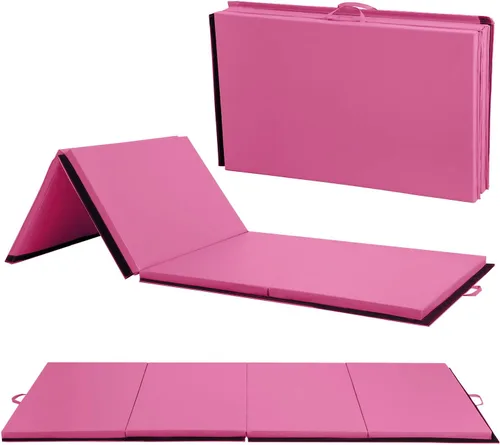 Colchoneta de gimnasia portátil plegable de 4 x 8/2 x 6 pies, tapete de ejercicio de piel sintética con asas de transporte para entrenamiento en Rosa