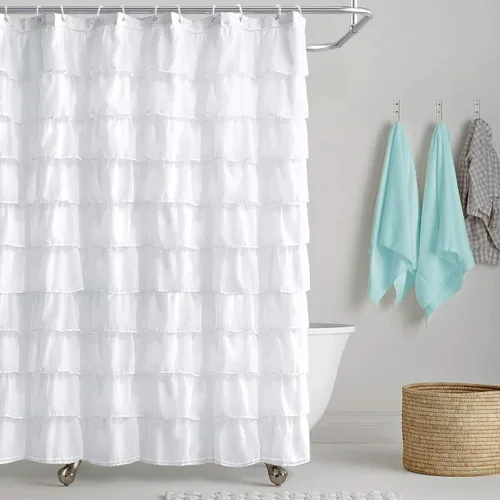 Cortina de ducha Reisen de tela blanca con volantes, para baño, estilo granja, 72 pulgadas de largo Blanco