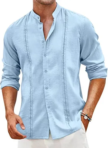 Camisa de manga larga para hombre, sin cuello, ligera, transpirable, Guayabera Cuba camisa con botones para la playa Azul-cielo