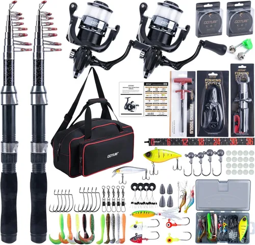Miniatura 12 de Goture Combos de caña de pescar y carrete - 2 piezas de caña telescópica + 2 piezas de carretes giratorios precargados con bolsa de transporte, kit