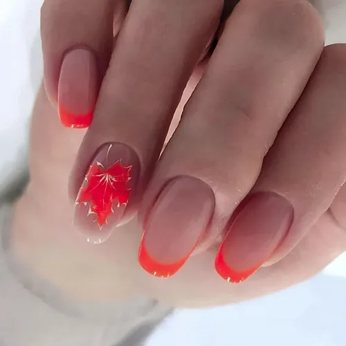 Miniatura 18 de Uñas postizas a presión de otoño, uñas postizas cortas cuadradas de MABKJLF con diseños de hojas de arce, pegamento brillante en uñas, uñas