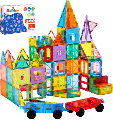 Anbalulu Azulejos magnéticos 100 piezas con 2 autos, bloques de construcción educativos STEM para niños de 3 a 9 años, juguetes de construcción