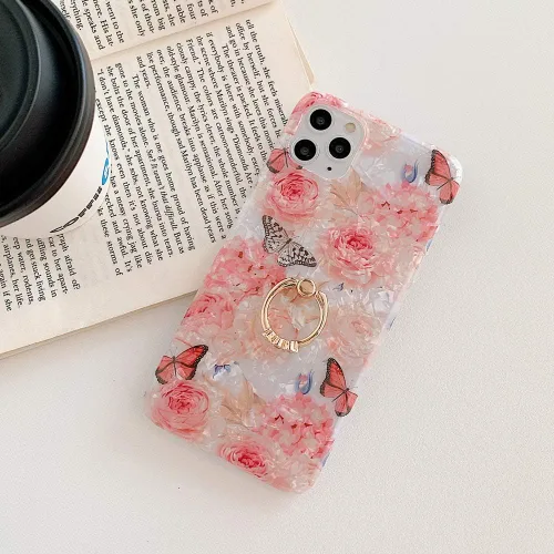 Miniatura 2 de Qokey - Funda compatible para iPhone XR, hermoso diseño de flores, para mujer y niña, con anillo giratorio de 360 grados, TPU suave, a prueba