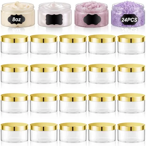 Miniatura 47 de Dandat 24 piezas 8 oz botes de plástico con tapa y etiqueta. Recipientes de muestra de cosméticos redondos ámbar PET recargables y vacíos para Ámbar