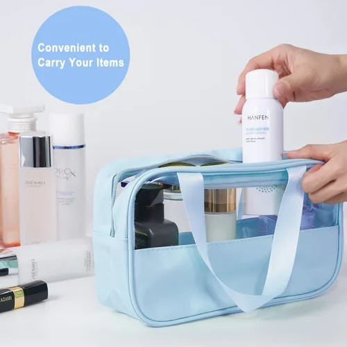 Miniatura 5 de Paquete de 3 bolsas de aseo de viaje impermeables, PVC transparente y organizador de maquillaje cosmético de poliuretano floral azul, aprobado por