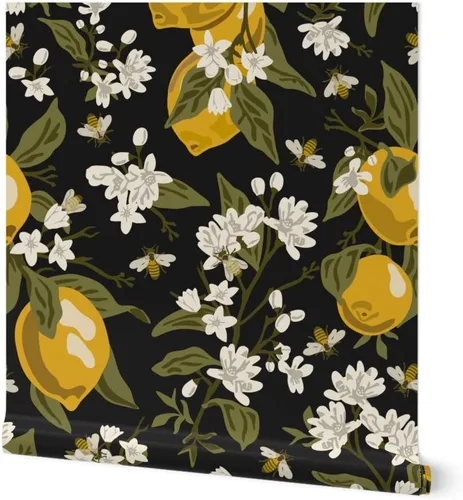 Papel tapiz para despegar y pegar, abejas, limones, negro, grande, moderno, cítrico, tradicional, extraíble, por Spoonflower