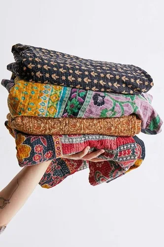 Royal Craft - Cubrecama reversible de punto Kantha, hecha a mano, de algodón, diseño vintage hindú, colores surtidos RCKQT0096 RCKQT0096 139.7X215.9