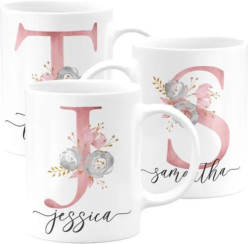 Miniatura 9 de Taza de café personalizada, regalo para mujeres, taza de café personalizada con nombre e inicial, 11 onzas, rosa, taza de cerámica personalizada