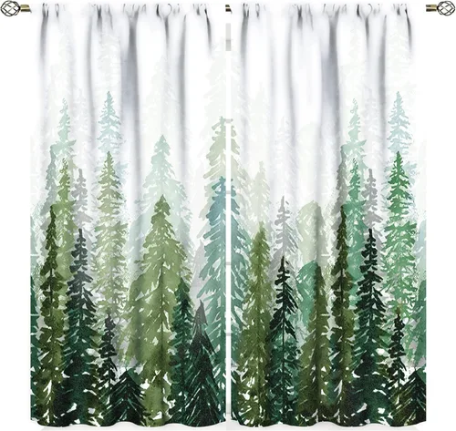 Miniatura 19 de Cortina de árbol de bosque verde, pino, coníferas, bosque, acuarela, oscurecimiento de habitación, ventana, bolsillo para barra, cortina