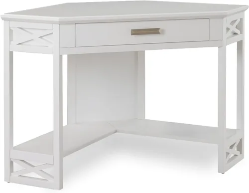 Leick Home Sage 85430 - Escritorio esquinero de oficina, madera maciza, con cajón frontal para teclado, color blanco blanco (White/Brushed Nickel)