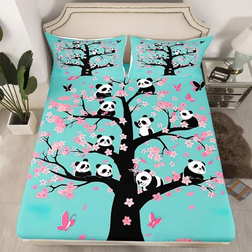 Miniatura 2 de Erosebridal Juego de sábanas de panda de dibujos animados, tamaño individual, sábanas de flores de cerezo para niñas, niños, ramas de cerezo
