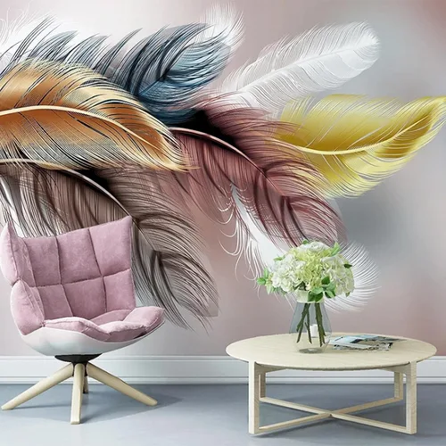 Papel tapiz fotográfico creativo de plumas voladoras, papel tapiz abstracto de plumas blancas doradas y azules, decoración de pared para sala de