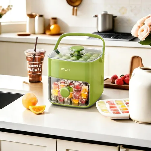 Miniatura 4 de Bandeja compacta para cubitos de hielo con tapa y contenedor, mini máquina de cubitos de hielo tipo prensa para congelador, cubo de hielo pequeño