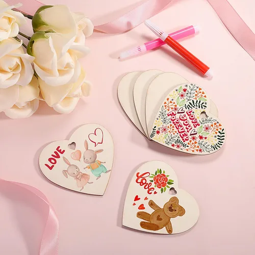 Miniatura 3 de 60 piezas de corazón de madera natural de 3 pulgadas para manualidades, rebanada de madera sin terminar, adornos de corazón de madera preperforados