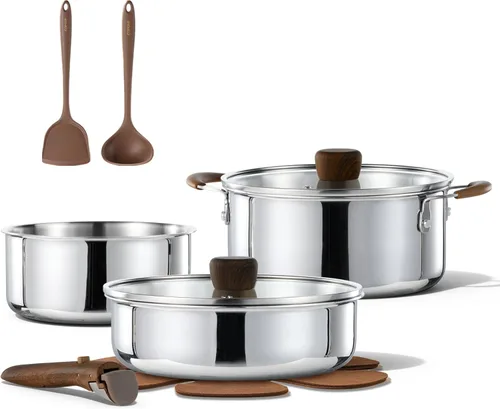 CAROTE Juego de utensilios de cocina de acero inoxidable de 10 piezas con mango desmontable, juego de ollas y sartenes, juegos de cocina de